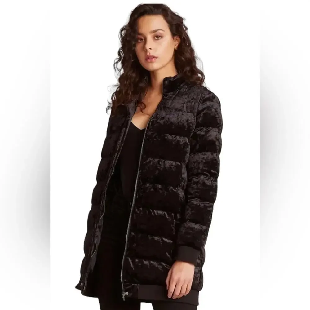 Jack by BB Dakota Black Crushed it Velvet Quilted Zip Puffer Coat Small NWT